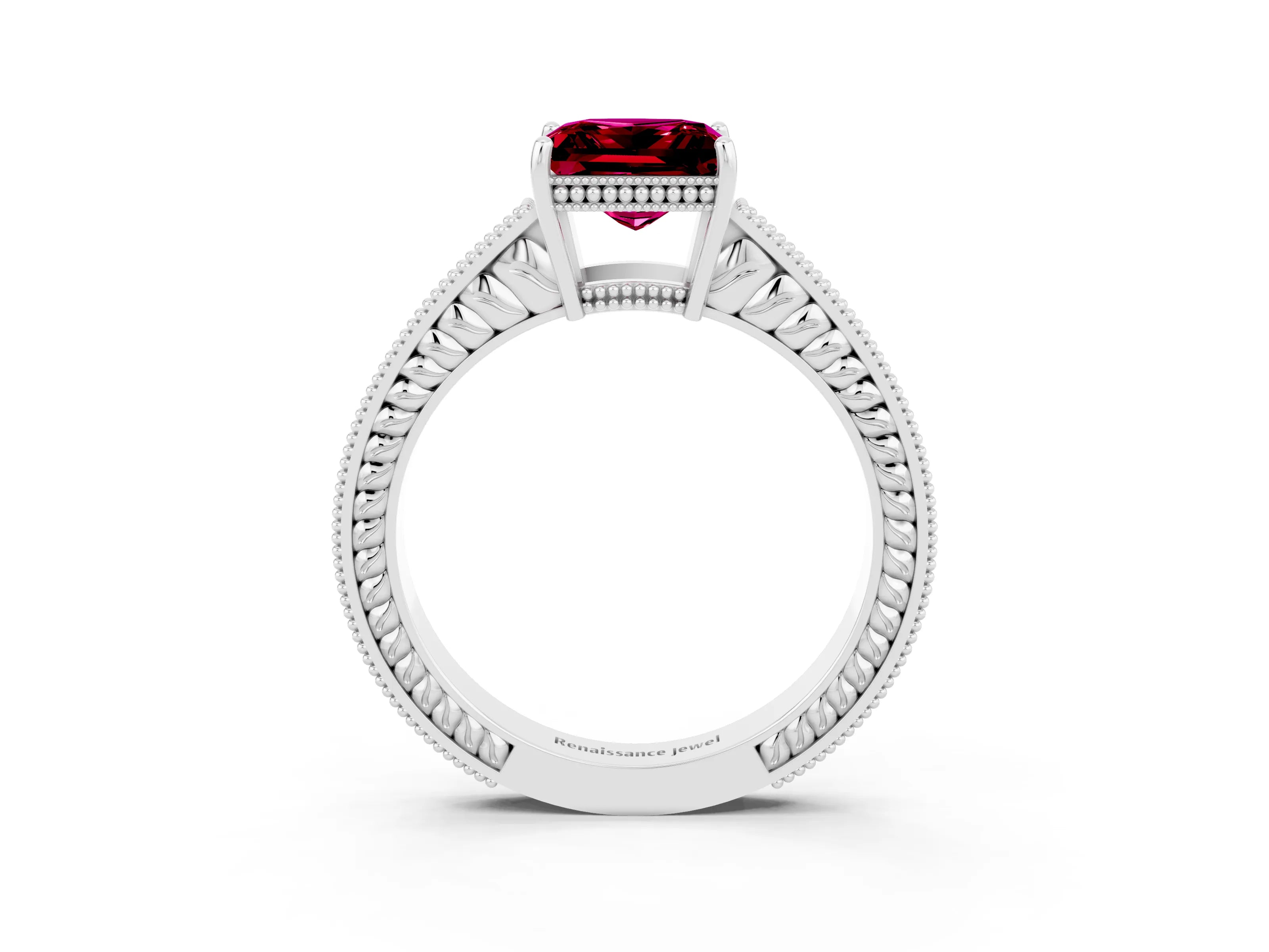White gold Princess Cut Garnet Engagement Ring with Milgrain Channel Set Band and Prong Setting_3