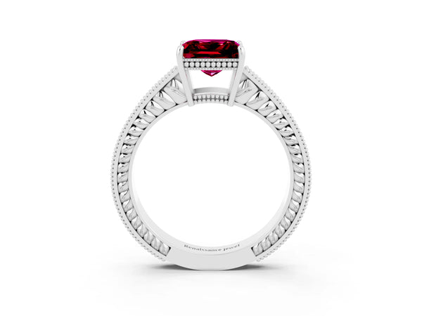 Platinum Princess Cut Garnet Engagement Ring with Milgrain Channel Set Band and Prong Setting