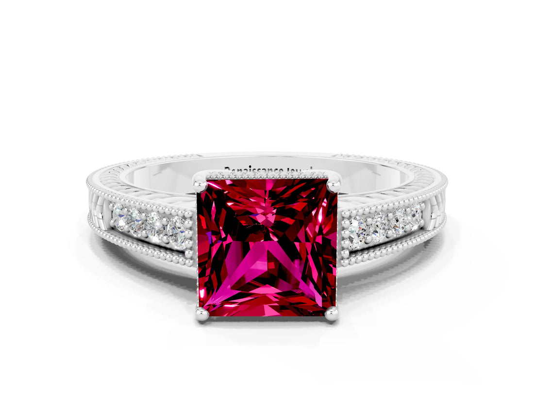 White gold Princess Cut Garnet Engagement Ring with Milgrain Channel Set Band and Prong Setting
