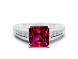 White gold Princess Cut Garnet Engagement Ring with Milgrain Channel Set Band and Prong Setting