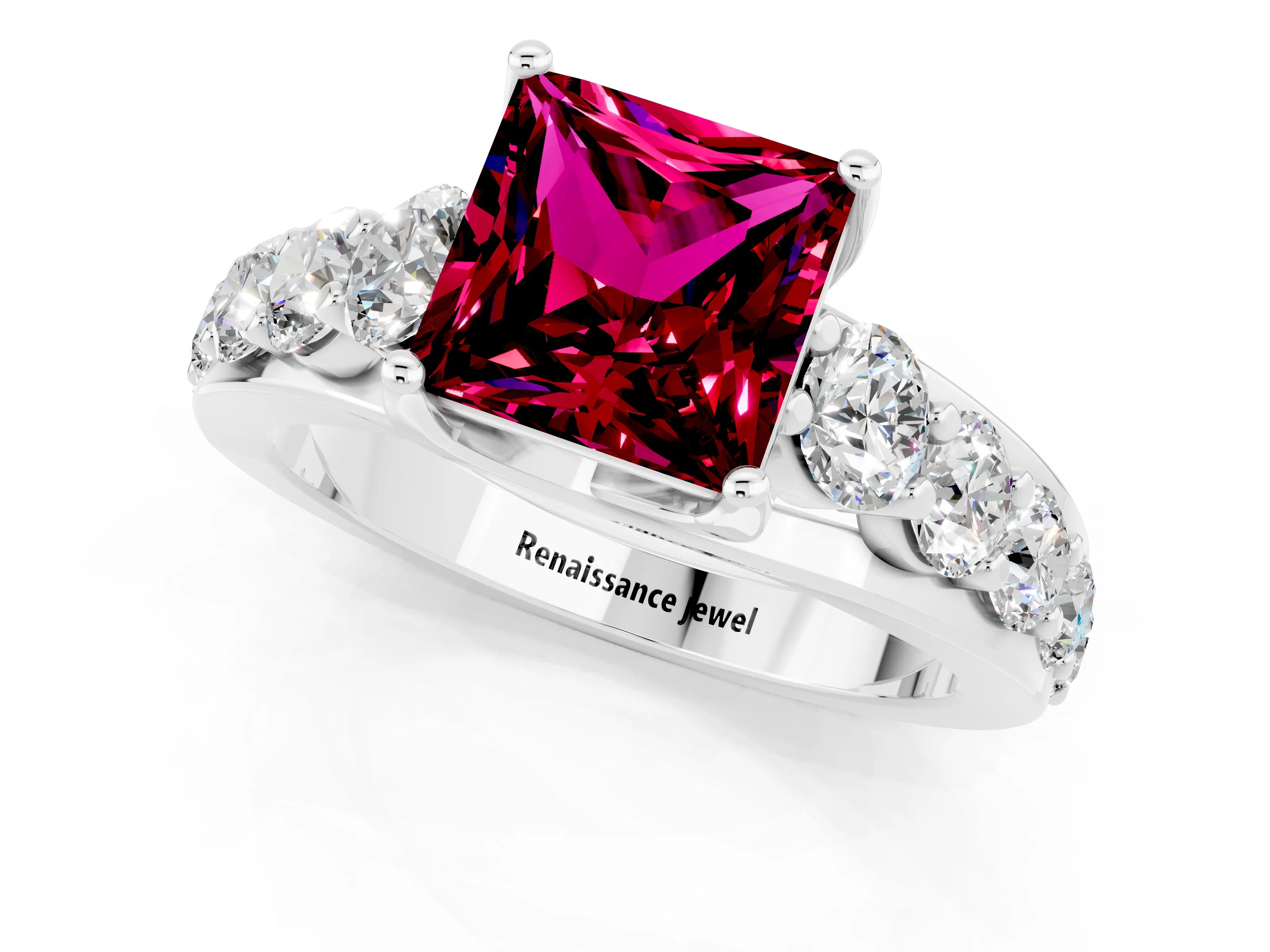 White gold Princess Cut Garnet Engagement Ring with Pavé Band and Four-Prong Setting_1