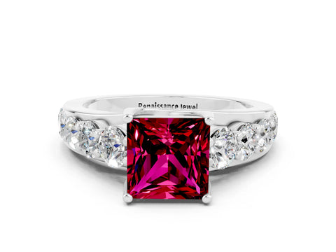 White gold Princess Cut Garnet Engagement Ring with Pavé Band and Four-Prong Setting