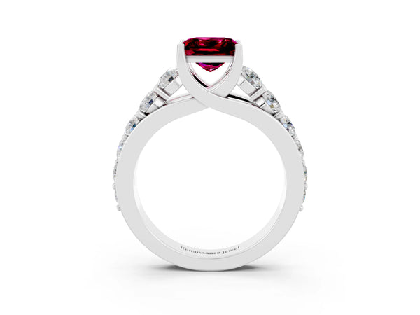 Platinum Princess Cut Garnet Engagement Ring with Pavé Band and Four-Prong Setting