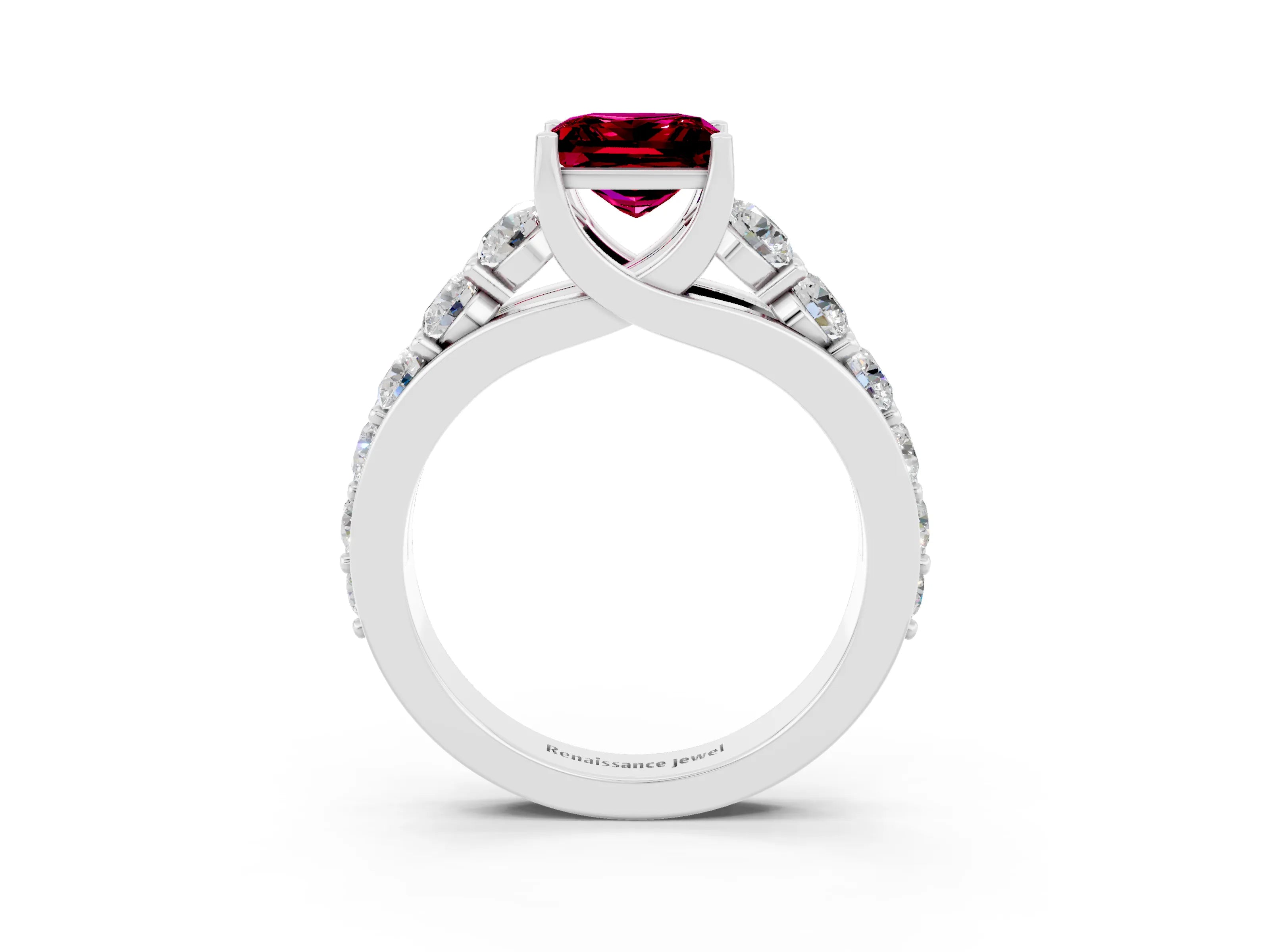 White gold Princess Cut Garnet Engagement Ring with Pavé Band and Four-Prong Setting_3