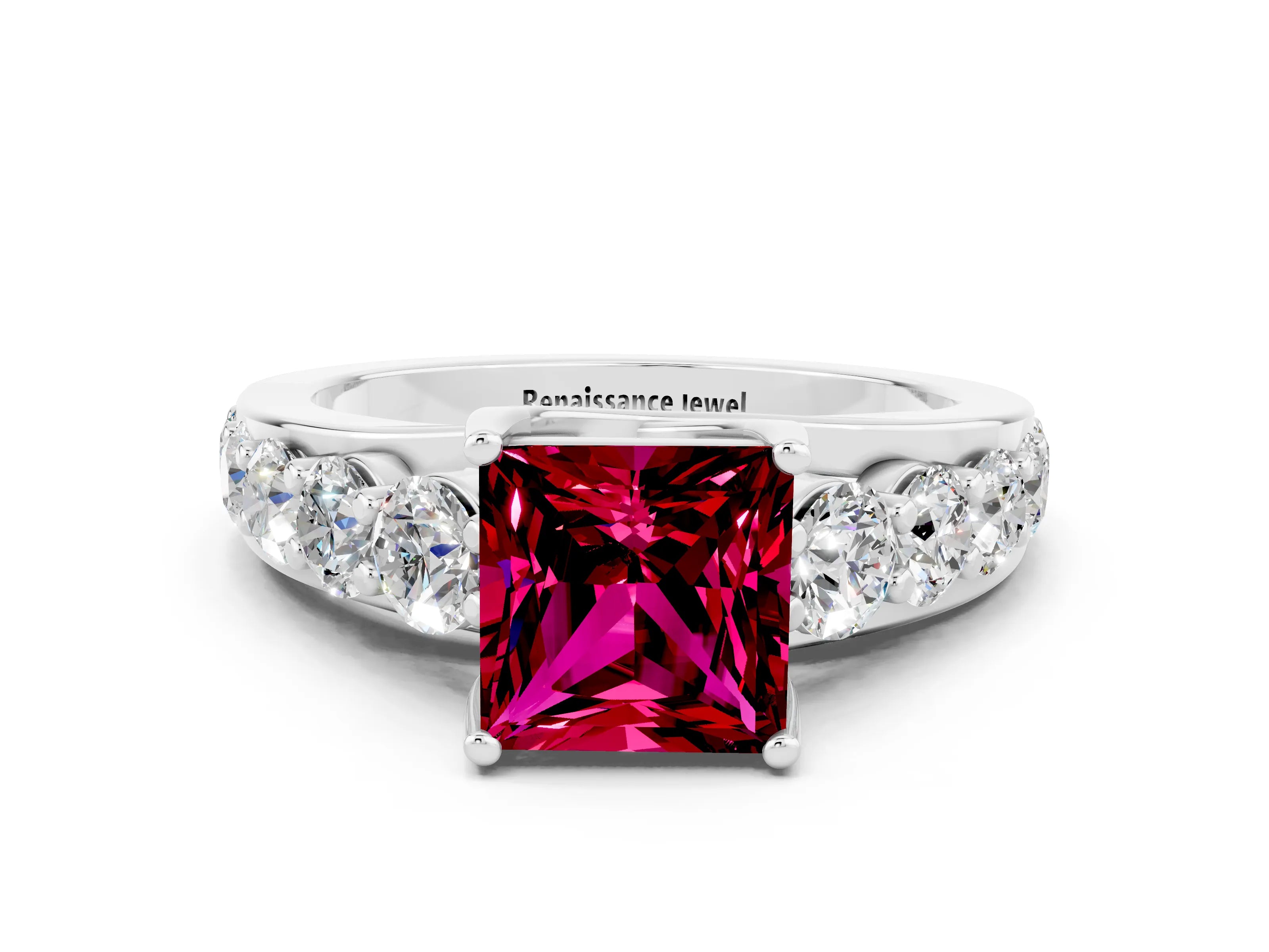 White gold Princess Cut Garnet Engagement Ring with Pavé Band and Four-Prong Setting