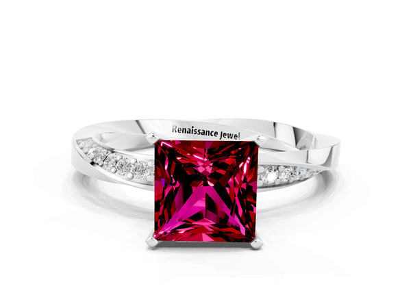 Silver Princess Cut Garnet Engagement Ring with Side Stone Accents and Four-Prong Setting