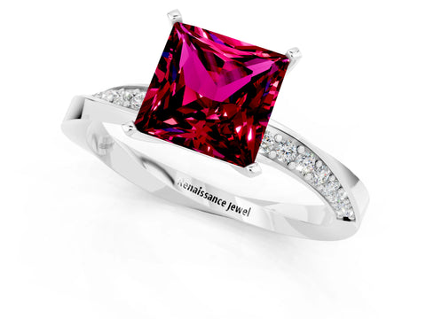 White gold Princess Cut Garnet Engagement Ring with Side Stone Accents and Four-Prong Setting_40