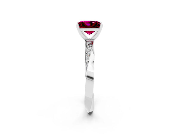 Platinum Princess Cut Garnet Engagement Ring with Side Stone Accents and Four-Prong Setting