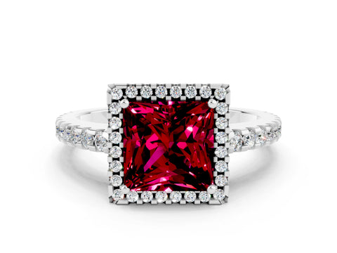 White gold Princess Cut Garnet Halo Engagement Ring with Pavé Band and Prong Setting_12