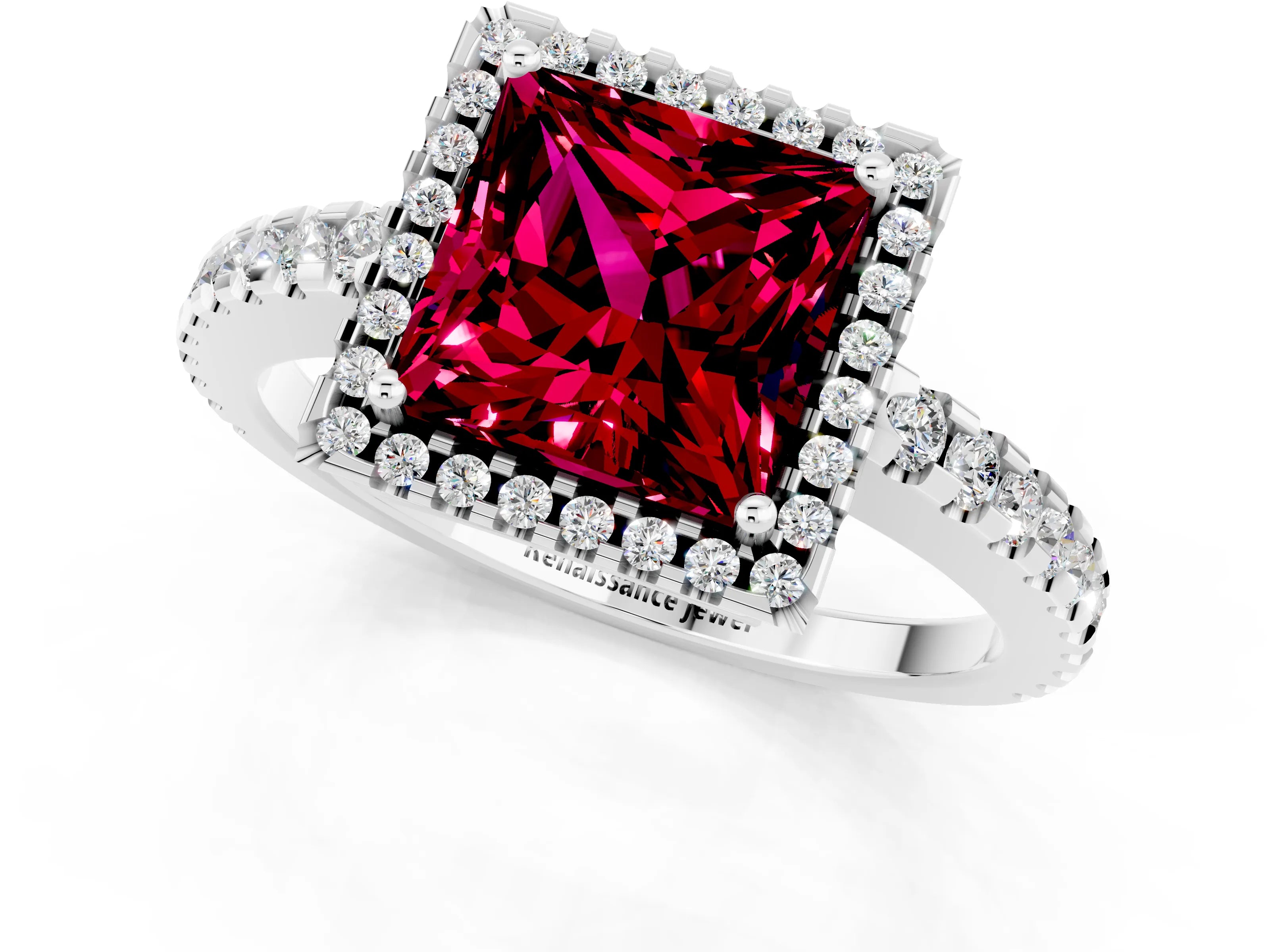 White gold Princess Cut Garnet Halo Engagement Ring with Pavé Band and Prong Setting_13
