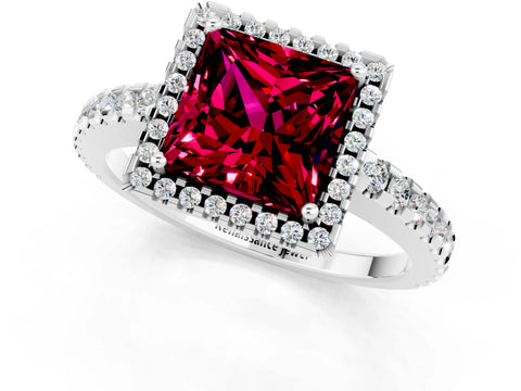 White gold Princess Cut Garnet Halo Engagement Ring with Pavé Band and Prong Setting_13