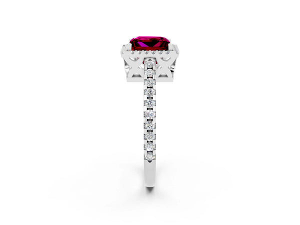 Silver Princess Cut Garnet Halo Engagement Ring with Pavé Band and Prong Setting