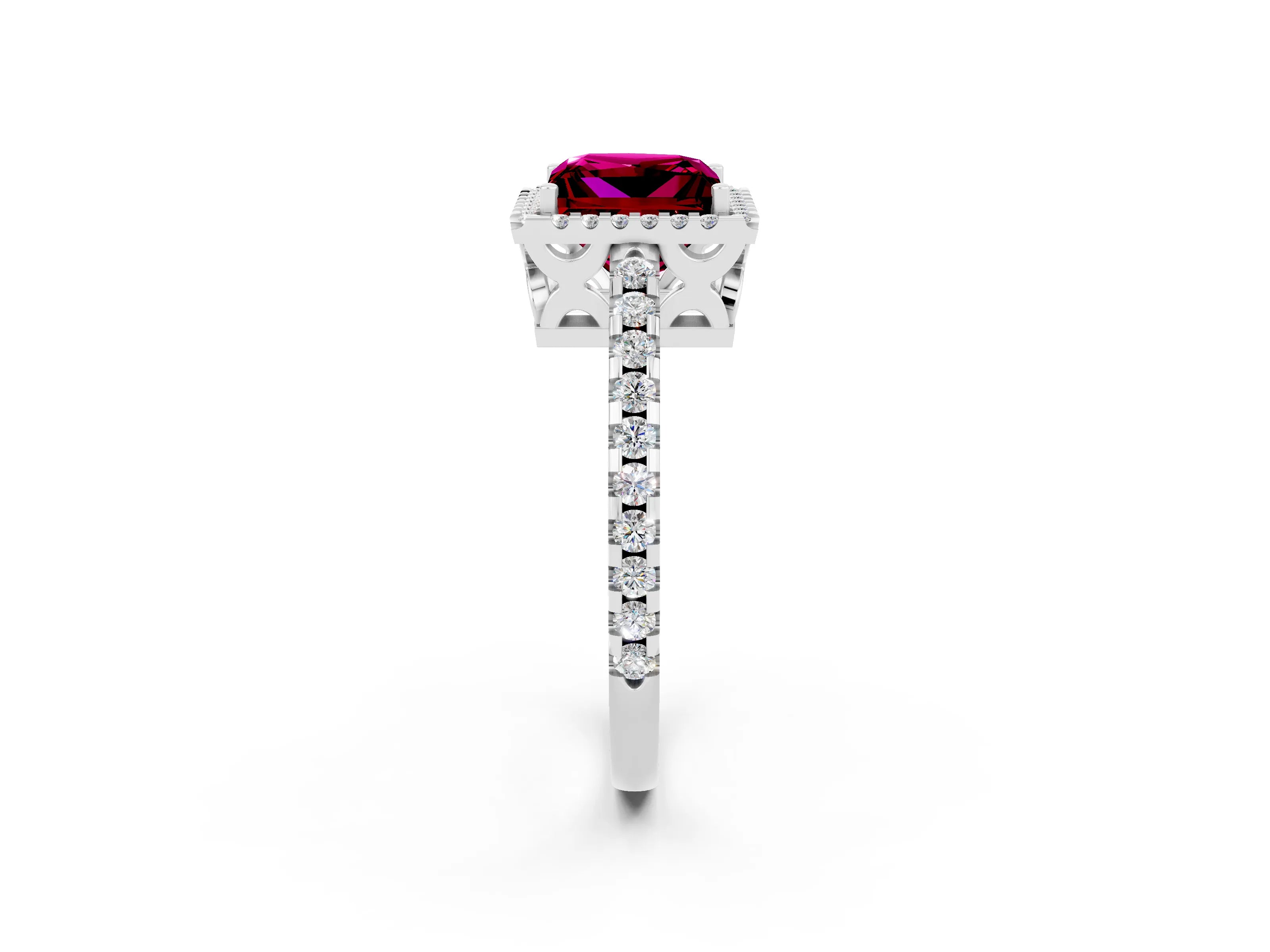 White gold Princess Cut Garnet Halo Engagement Ring with Pavé Band and Prong Setting_14