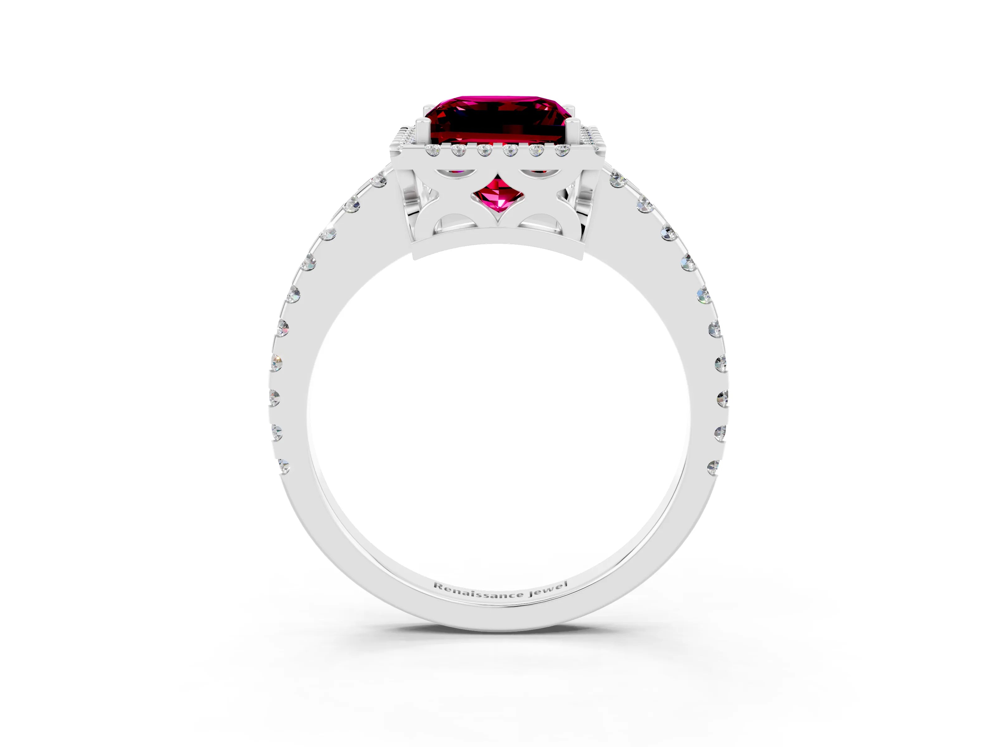 White gold Princess Cut Garnet Halo Engagement Ring with Pavé Band and Prong Setting_15