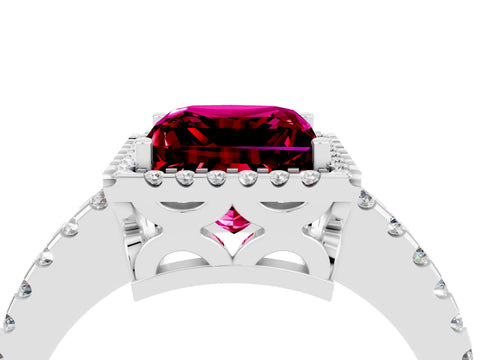 White gold Princess Cut Garnet Halo Engagement Ring with Pavé Band and Prong Setting_16