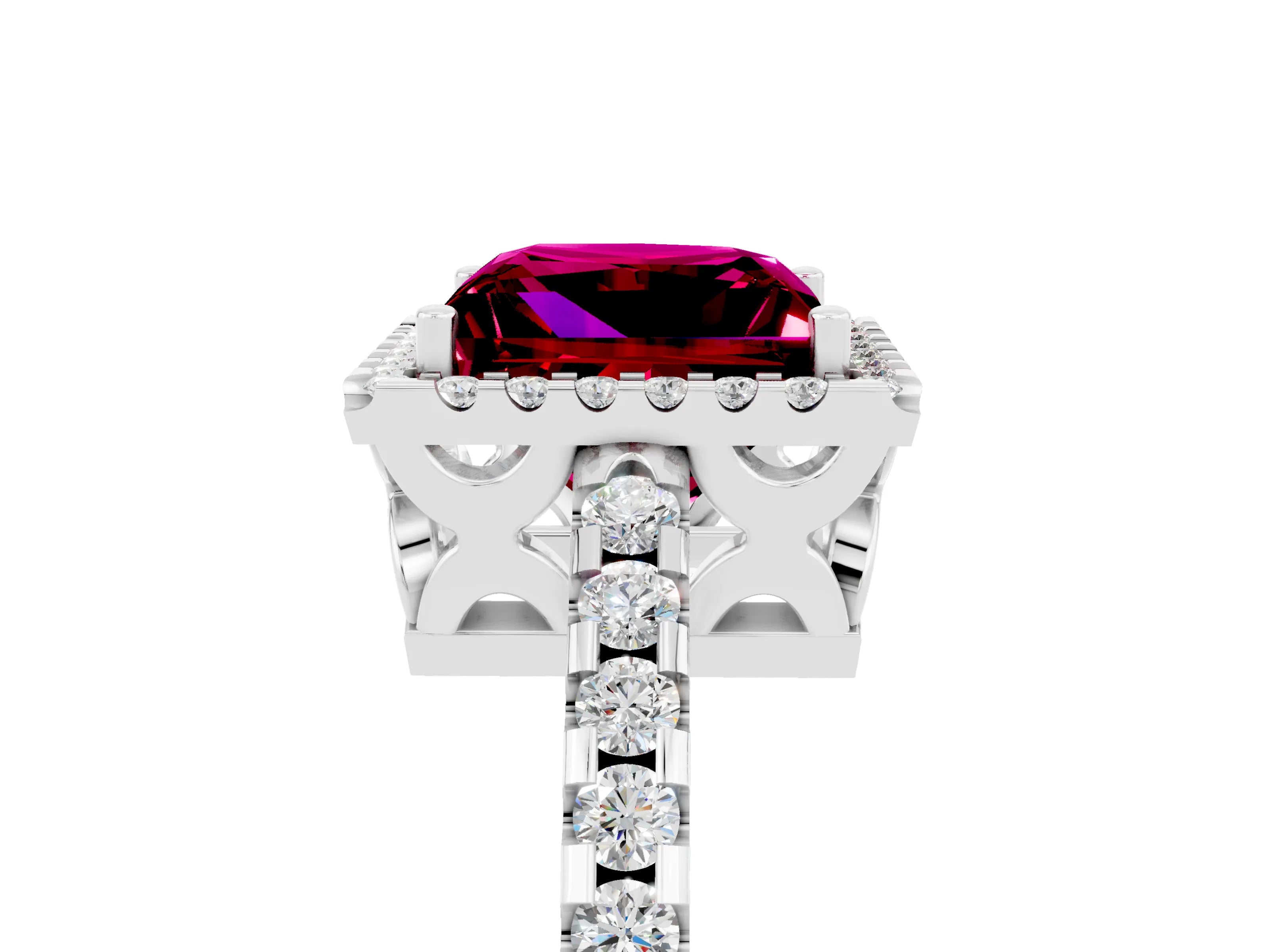 White gold Princess Cut Garnet Halo Engagement Ring with Pavé Band and Prong Setting_17