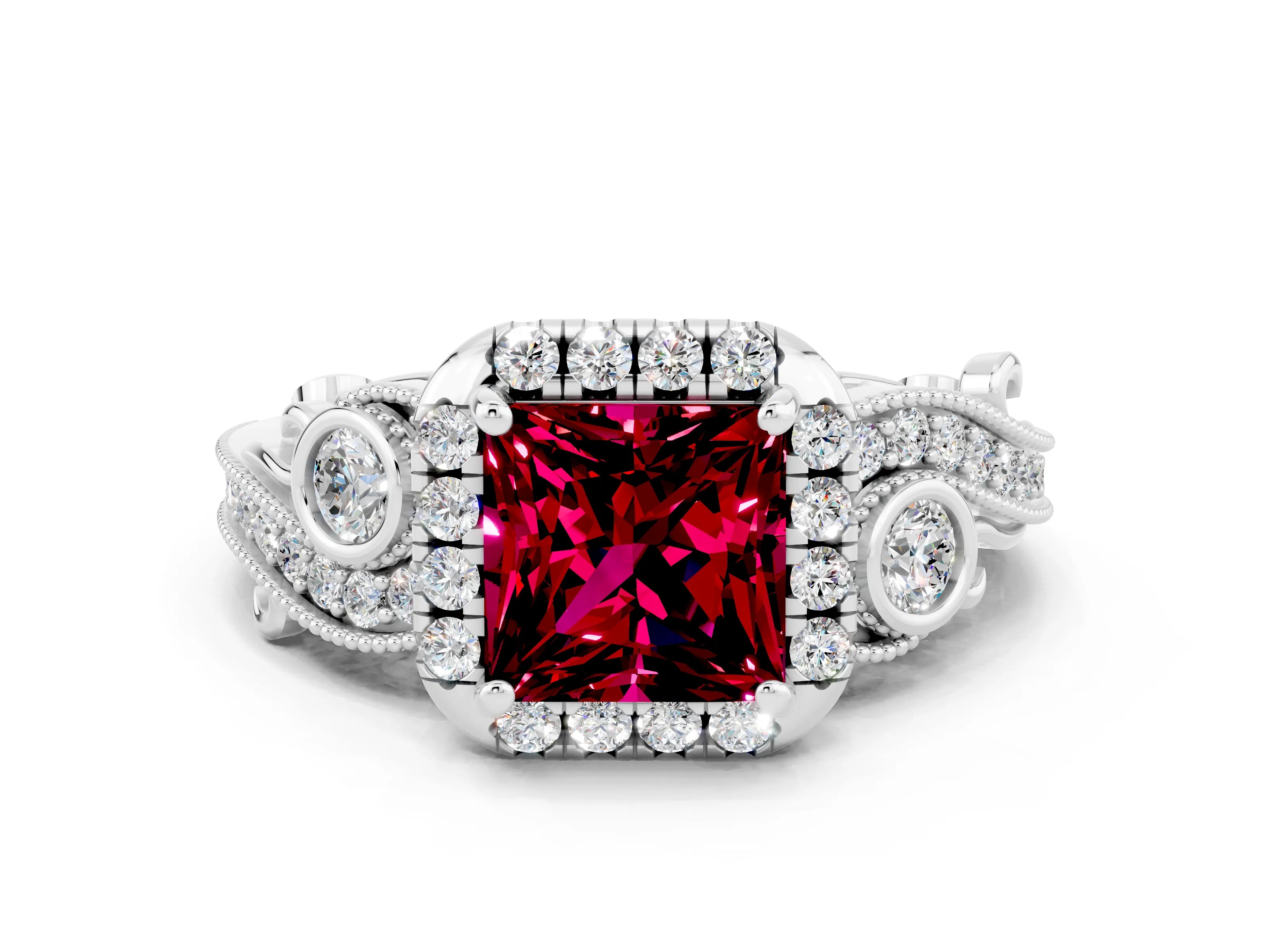 White gold Princess Cut Garnet Halo Ring with Milgrain Pavé Band and Four-Prong Setting_42