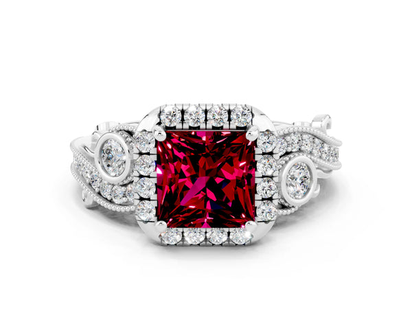 Platinum Princess Cut Garnet Halo Ring with Milgrain Pavé Band and Four-Prong Setting