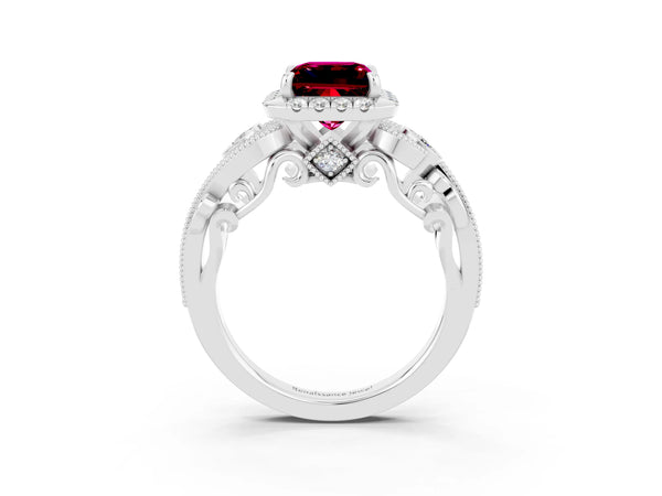White gold Princess Cut Garnet Halo Ring with Milgrain Pavé Band and Four-Prong Setting