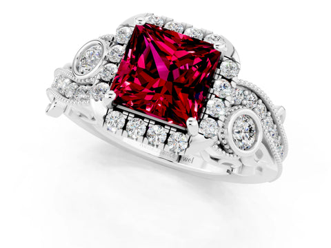 White gold Princess Cut Garnet Halo Ring with Milgrain Pavé Band and Four-Prong Setting_46