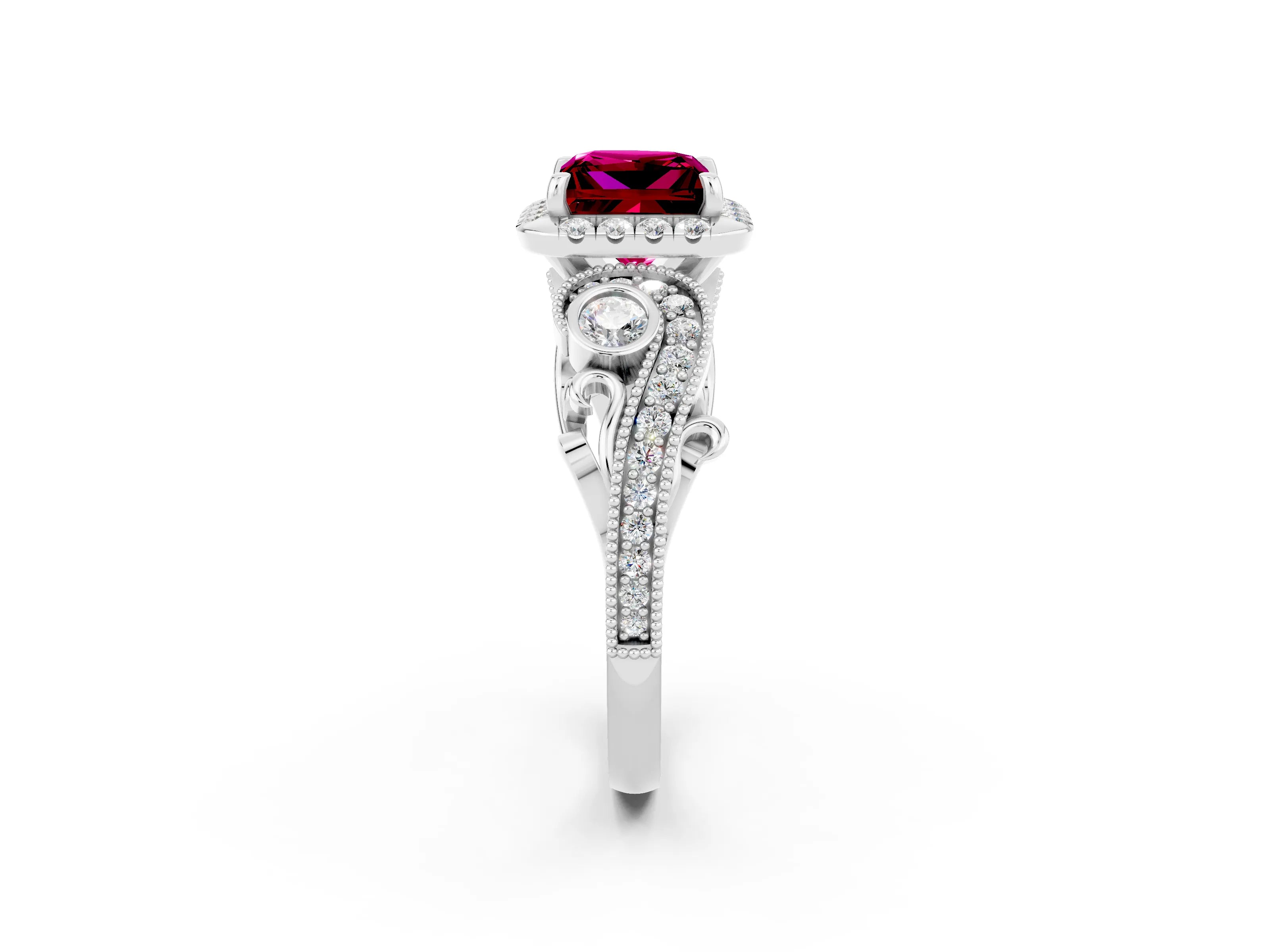 White gold Princess Cut Garnet Halo Ring with Milgrain Pavé Band and Four-Prong Setting_47