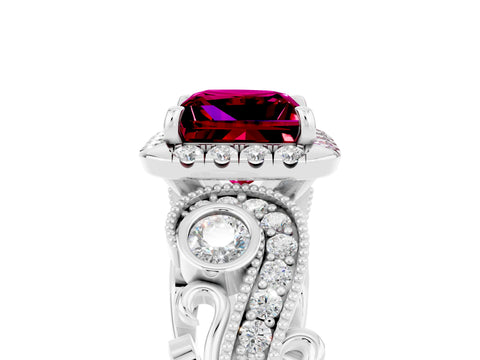 White gold Princess Cut Garnet Halo Ring with Milgrain Pavé Band and Four-Prong Setting_47