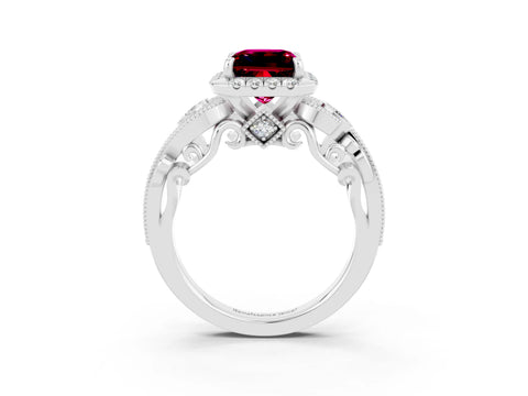 White gold Princess Cut Garnet Halo Ring with Milgrain Pavé Band and Four-Prong Setting_48