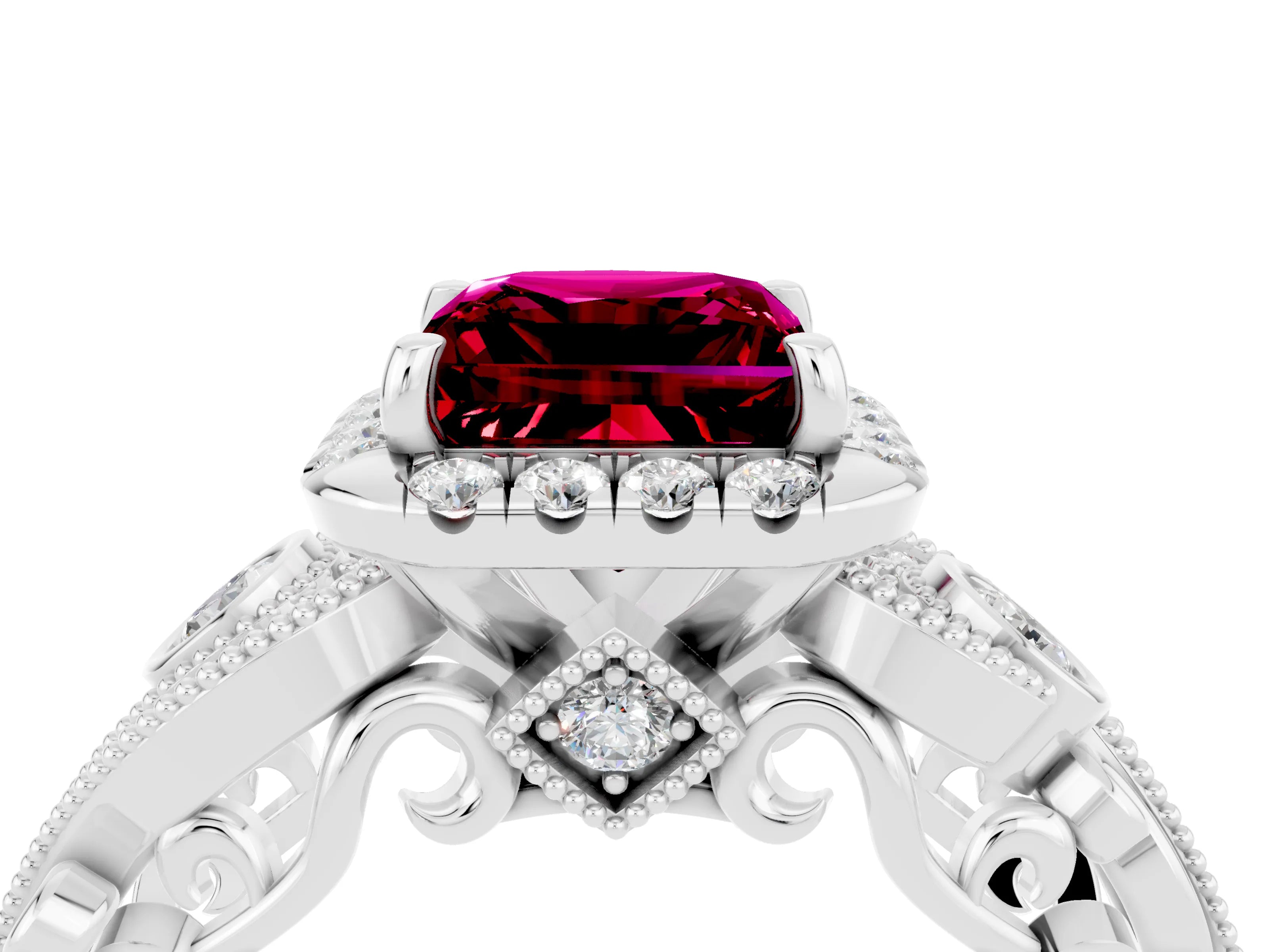 White gold Princess Cut Garnet Halo Ring with Milgrain Pavé Band and Four-Prong Setting_49