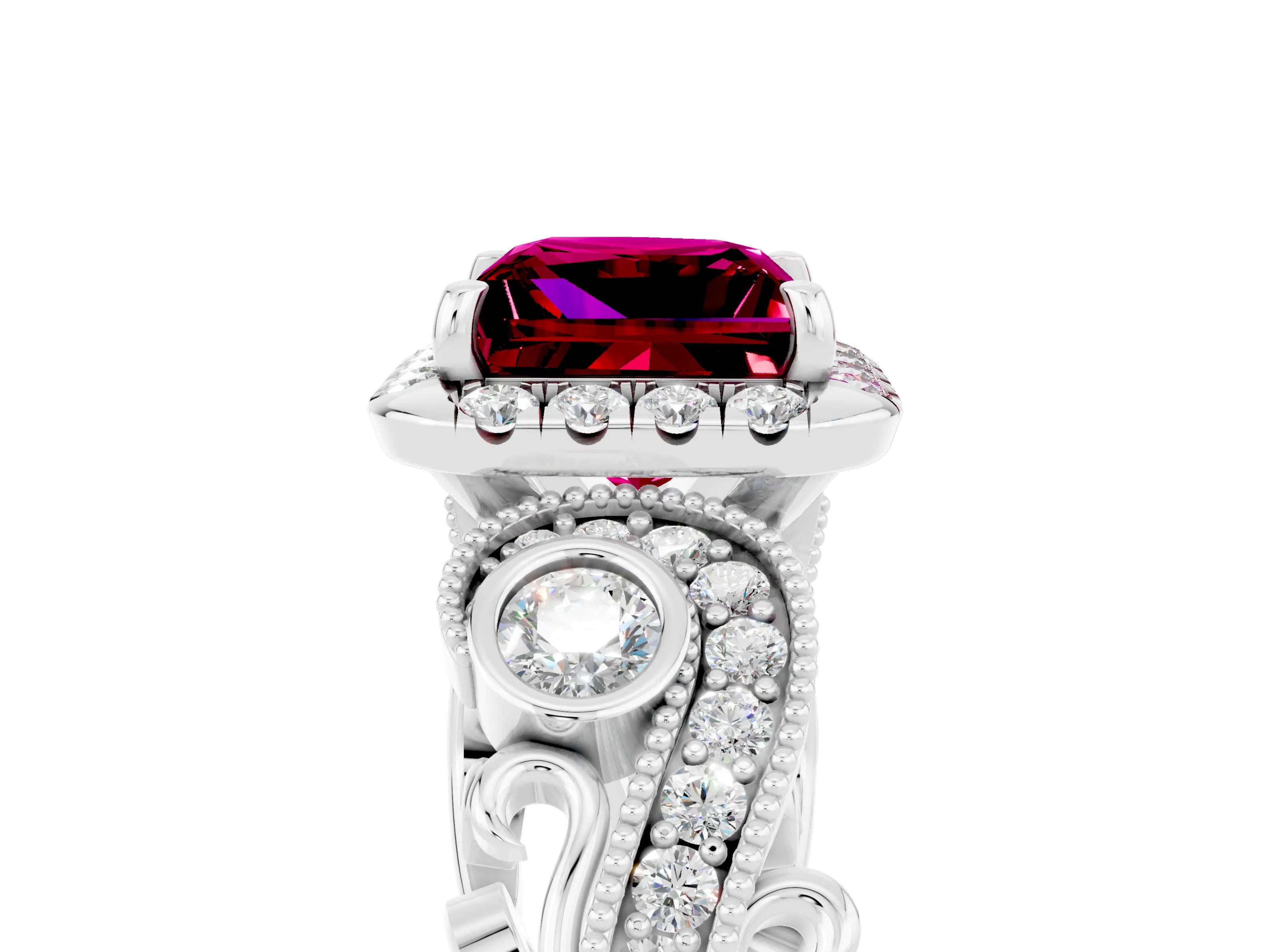 White gold Princess Cut Garnet Halo Ring with Milgrain Pavé Band and Four-Prong Setting_50