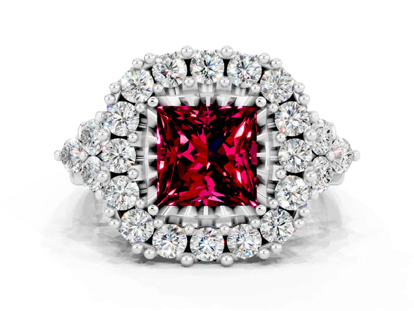 White gold Princess Cut Garnet Halo Ring with Pavé Band and Four-Prong Setting