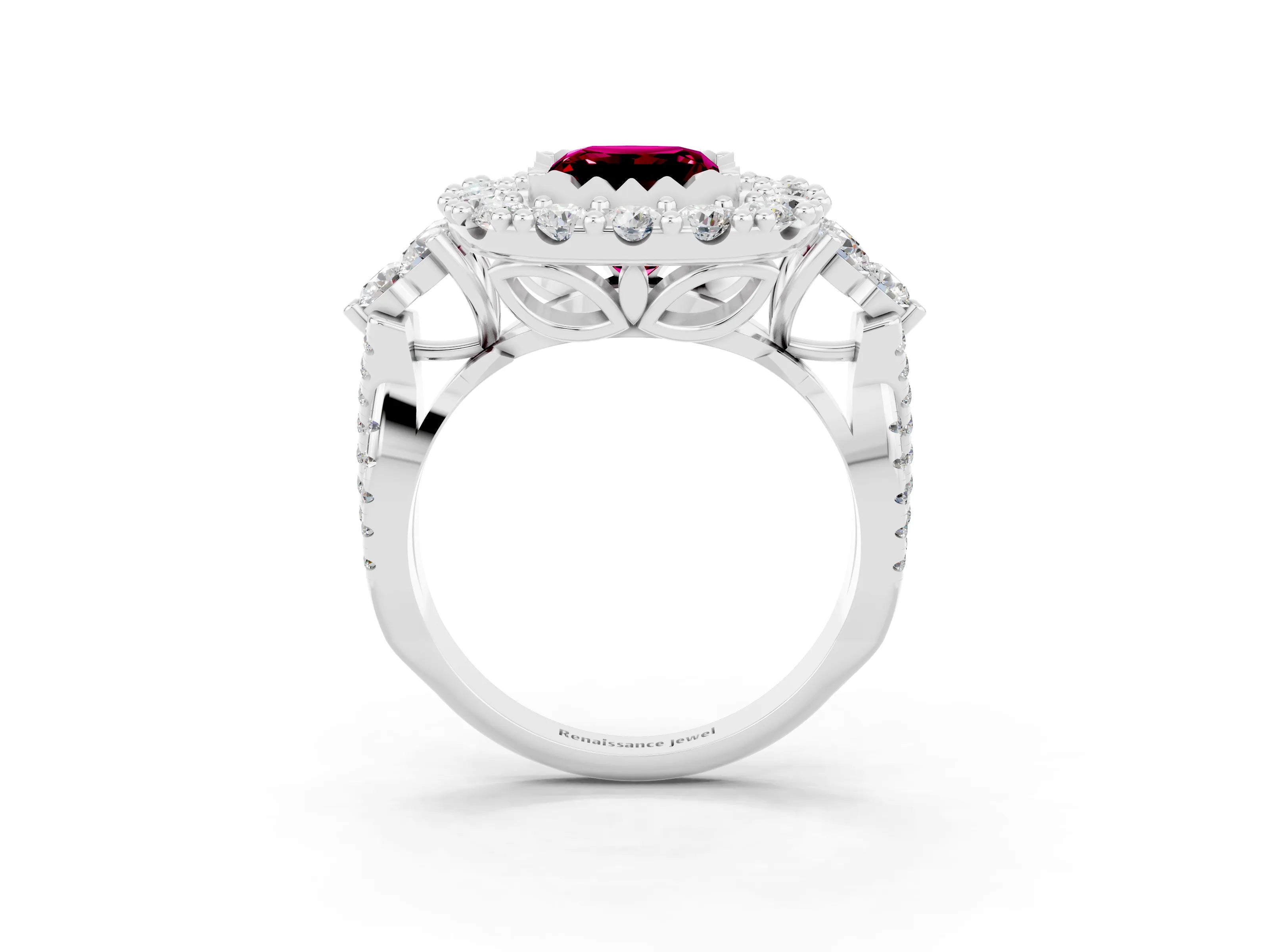 White gold Princess Cut Garnet Halo Ring with Pavé Band and Four-Prong Setting_15
