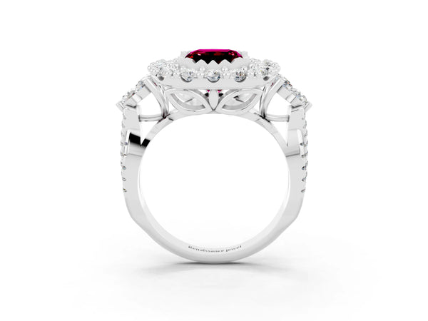 Platinum Princess Cut Garnet Halo Ring with Pavé Band and Four-Prong Setting