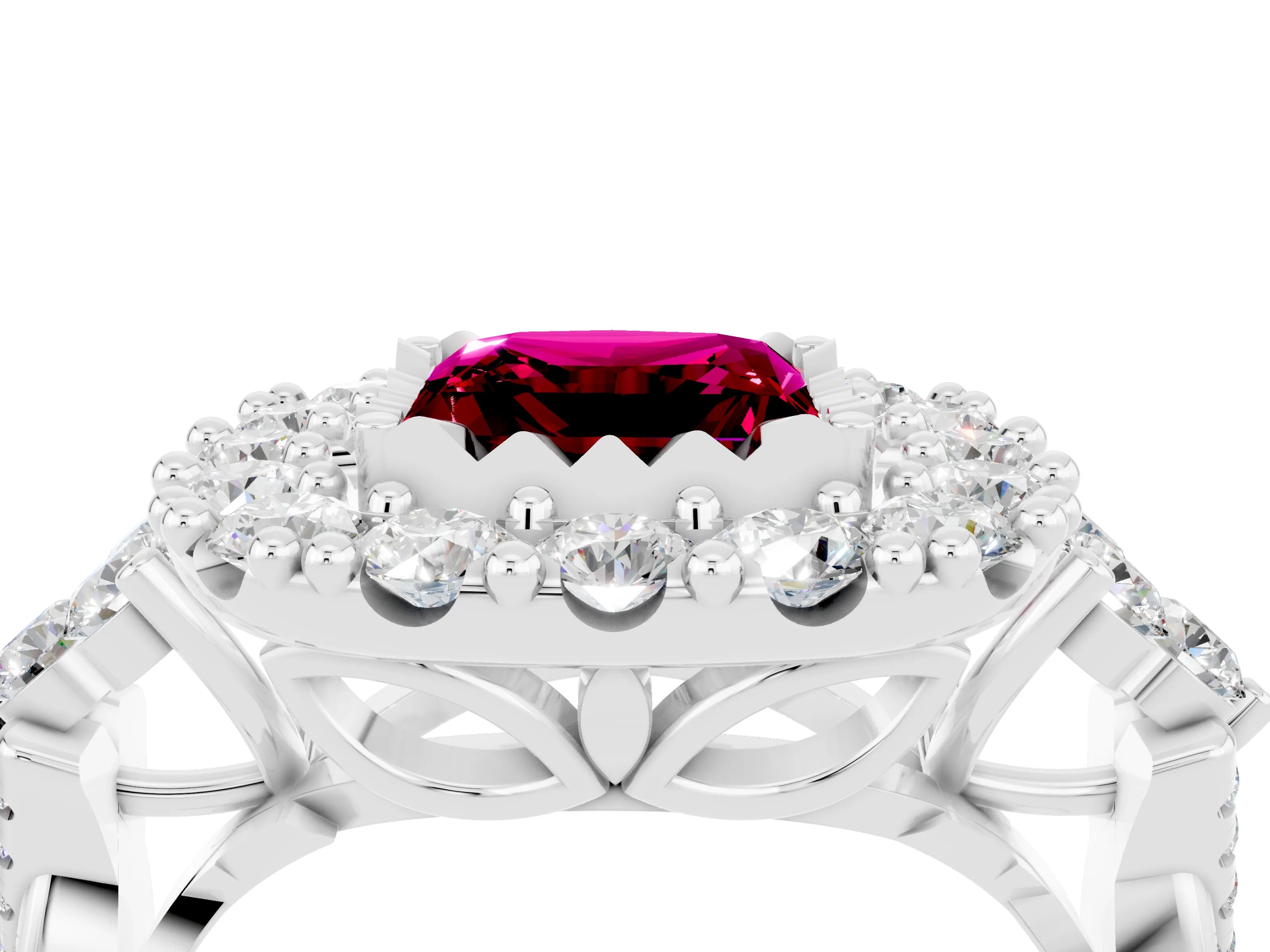 White gold Princess Cut Garnet Halo Ring with Pavé Band and Four-Prong Setting_16