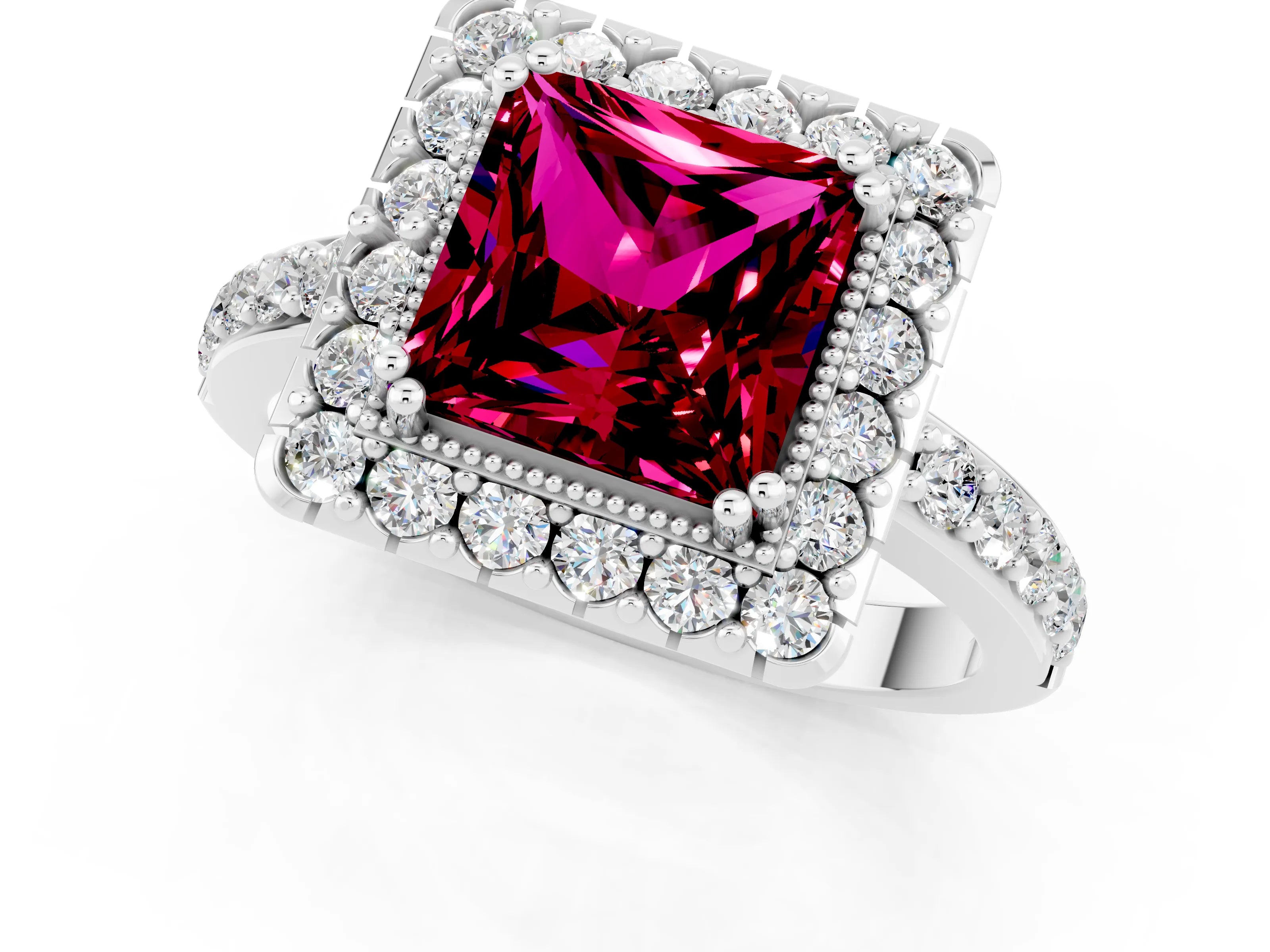 White gold Princess Cut Garnet Halo Ring with Pavé Band and Prong Setting_1