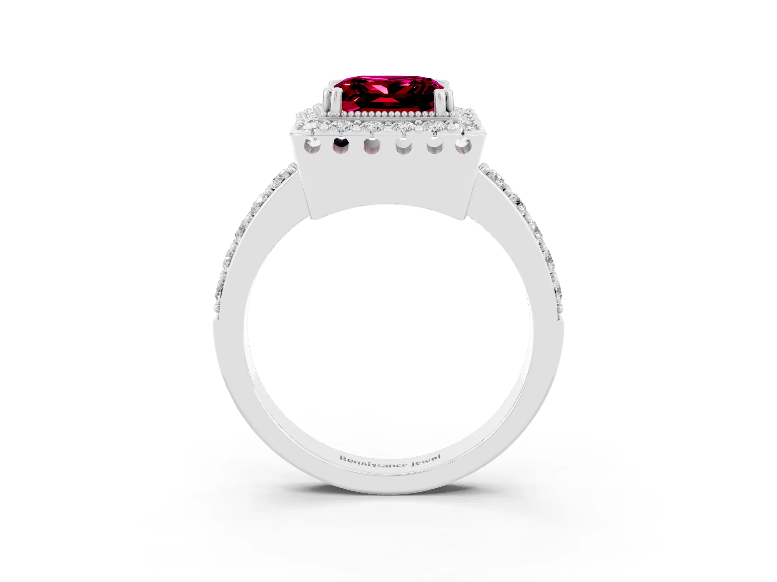 White gold Princess Cut Garnet Halo Ring with Pavé Band and Prong Setting_3