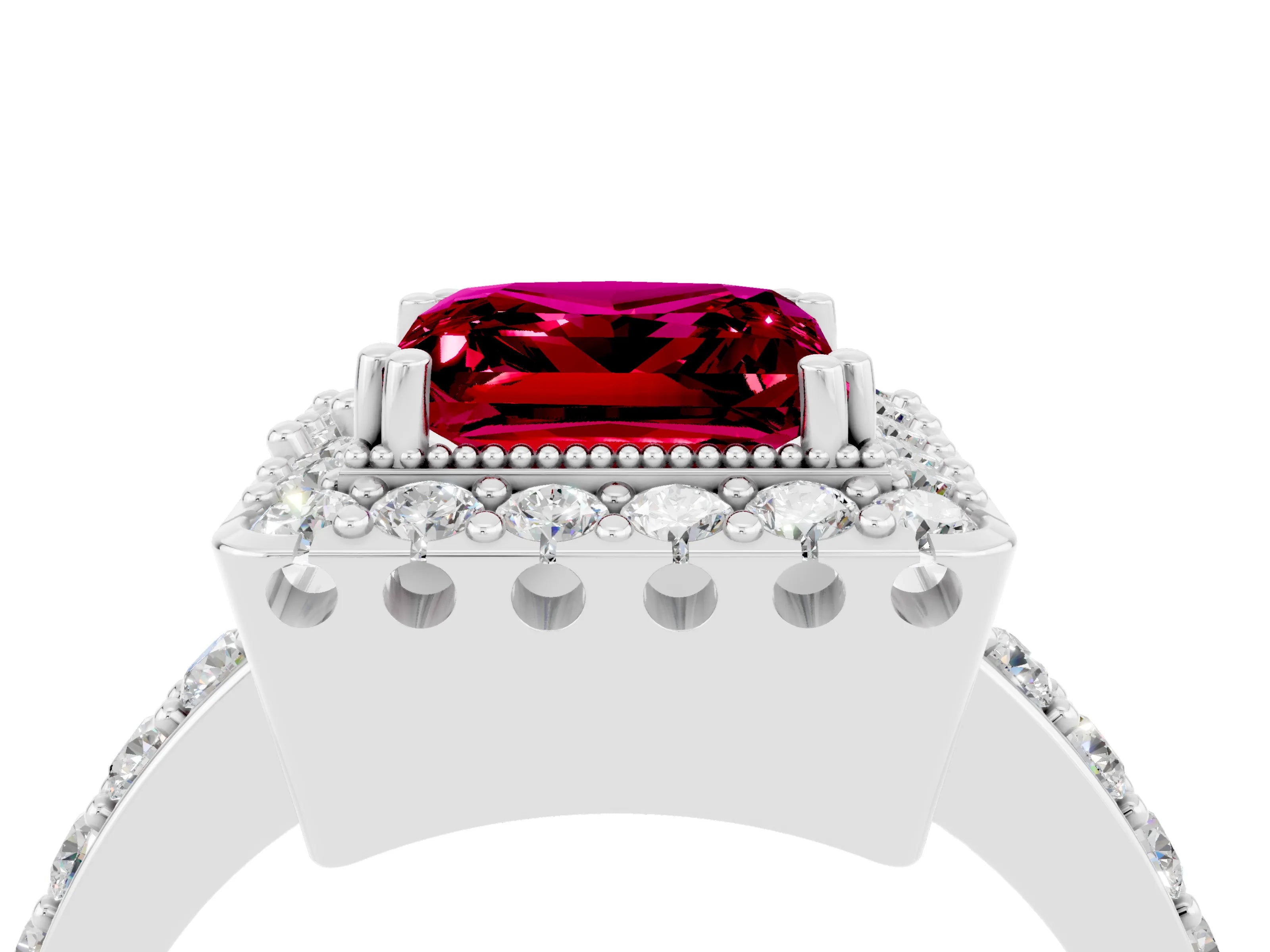 White gold Princess Cut Garnet Halo Ring with Pavé Band and Prong Setting_4