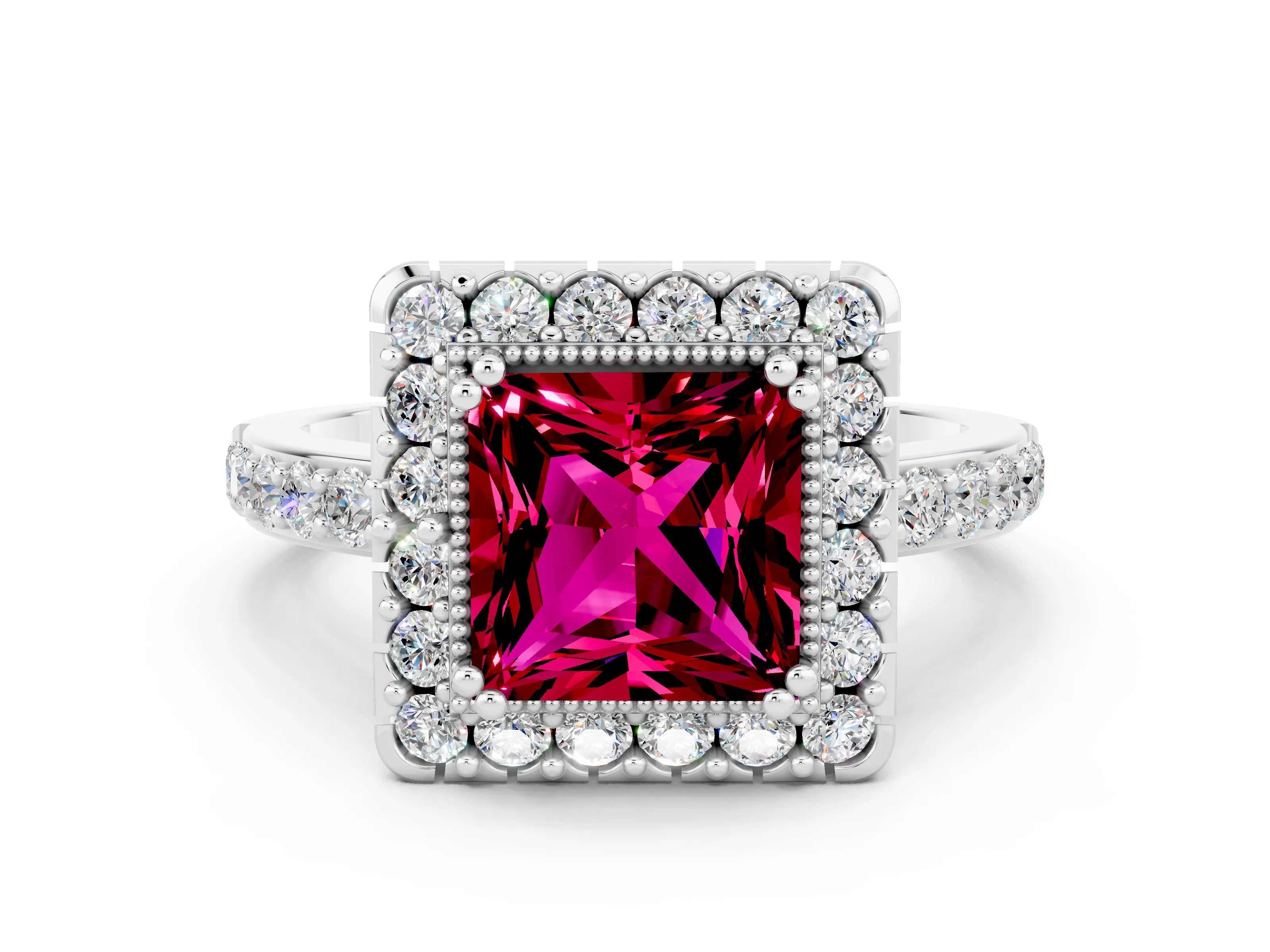 White gold Princess Cut Garnet Halo Ring with Pavé Band and Prong Setting