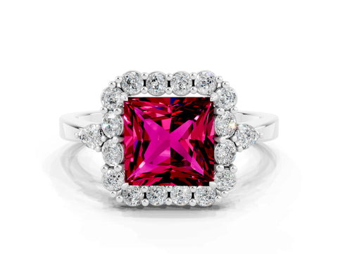 White gold Princess Cut Garnet Halo Ring with Pear Side Stones and Prong Setting_24
