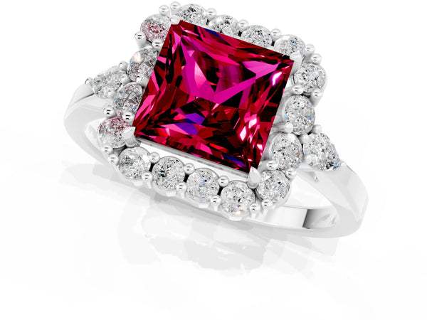 Platinum Princess Cut Garnet Halo Ring with Pear Side Stones and Prong Setting