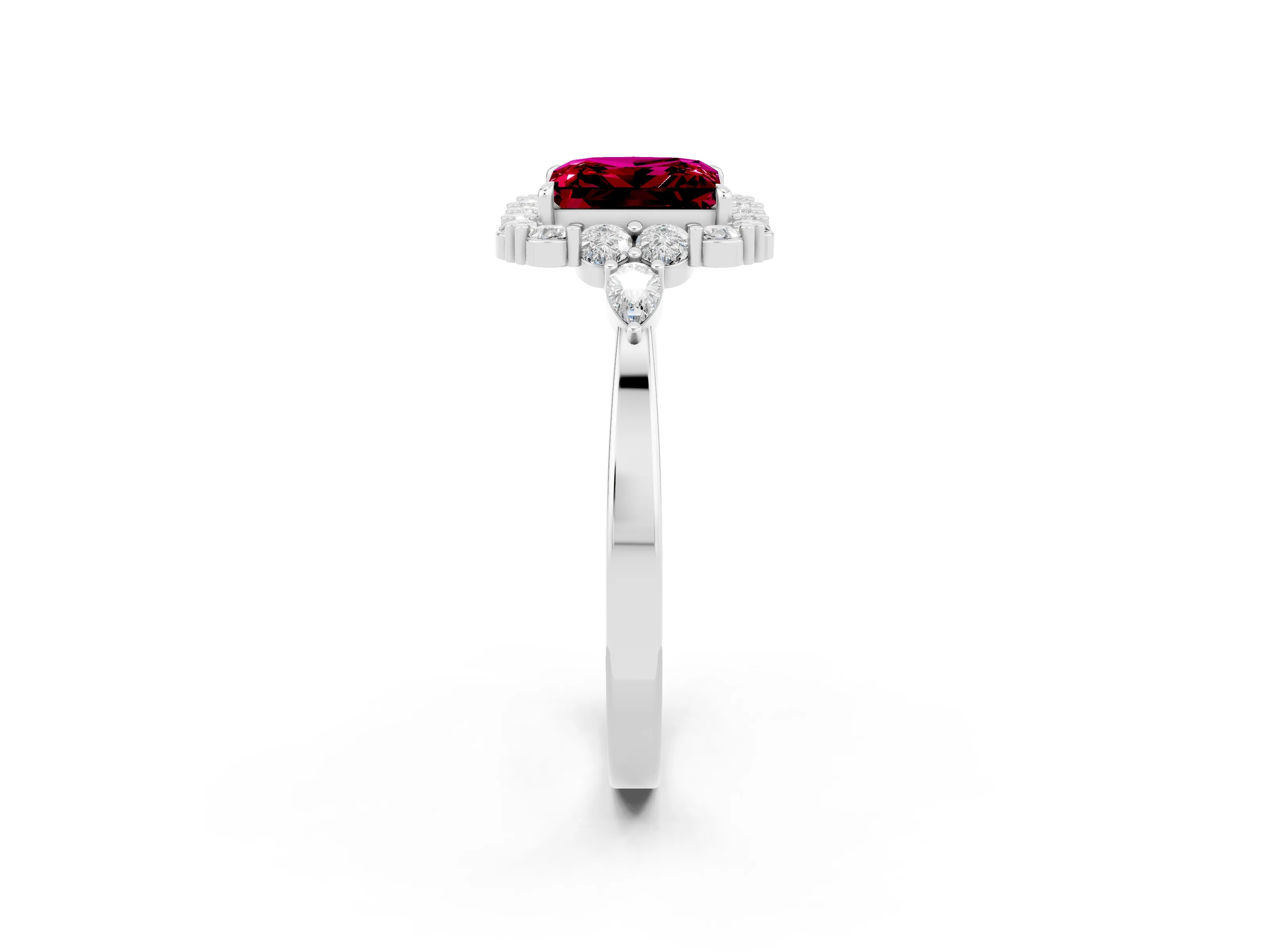 White gold Princess Cut Garnet Halo Ring with Pear Side Stones and Prong Setting_26