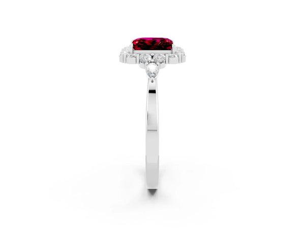 White gold Princess Cut Garnet Halo Ring with Pear Side Stones and Prong Setting