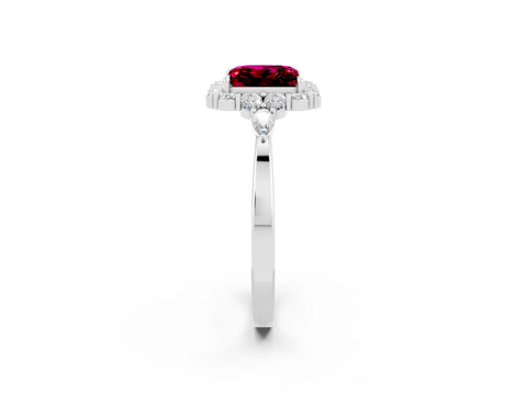 White gold Princess Cut Garnet Halo Ring with Pear Side Stones and Prong Setting_26