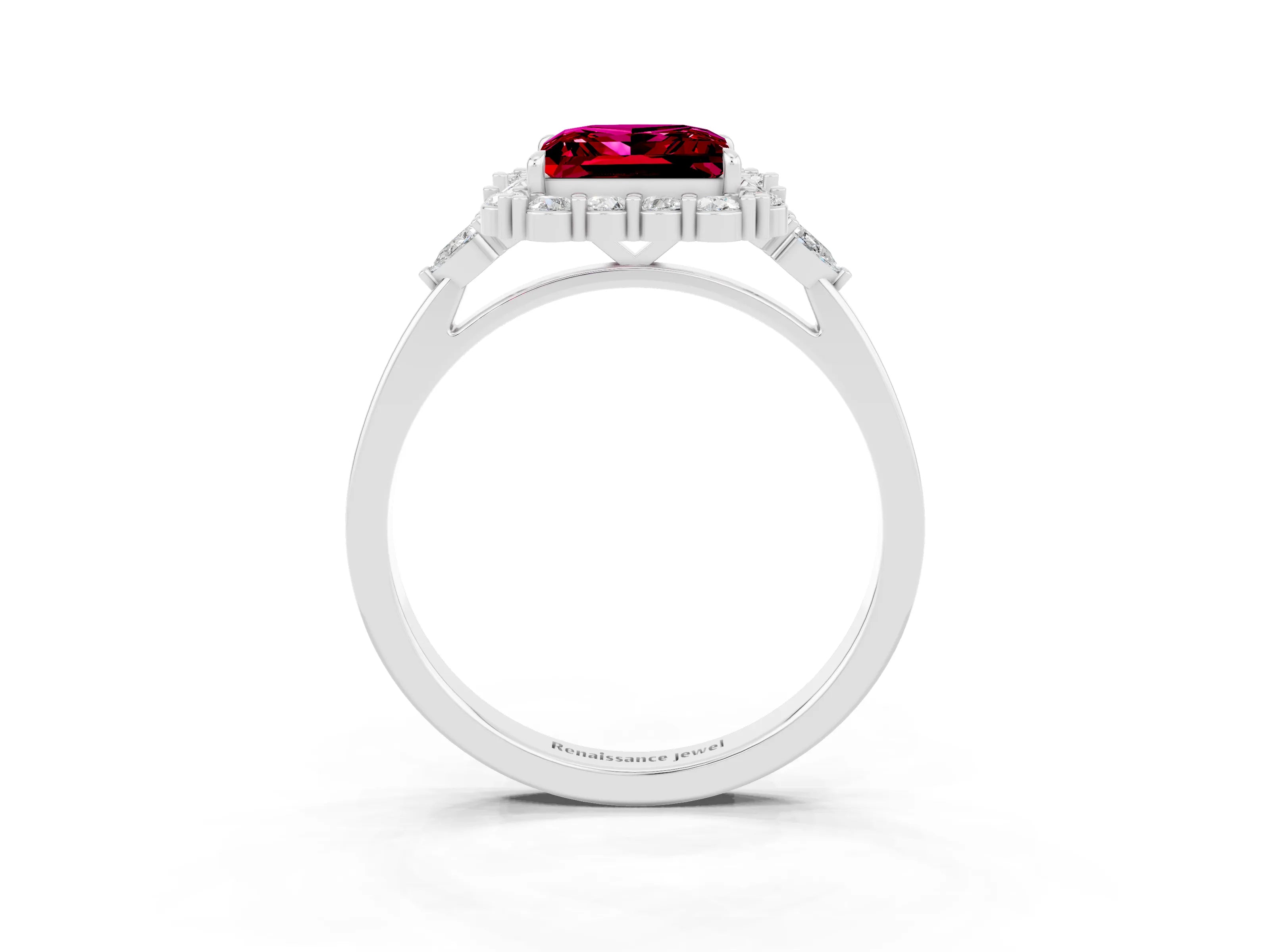 White gold Princess Cut Garnet Halo Ring with Pear Side Stones and Prong Setting_27