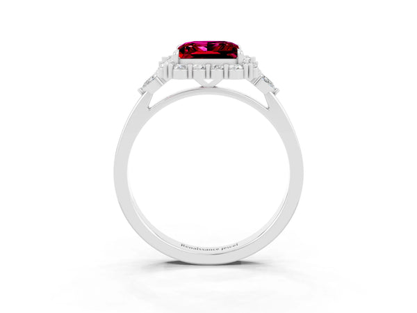 White gold Princess Cut Garnet Halo Ring with Pear Side Stones and Prong Setting