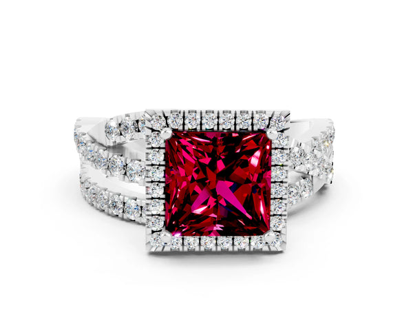 Platinum Princess Cut Garnet Halo Ring with Round Split Shank and Prong Setting