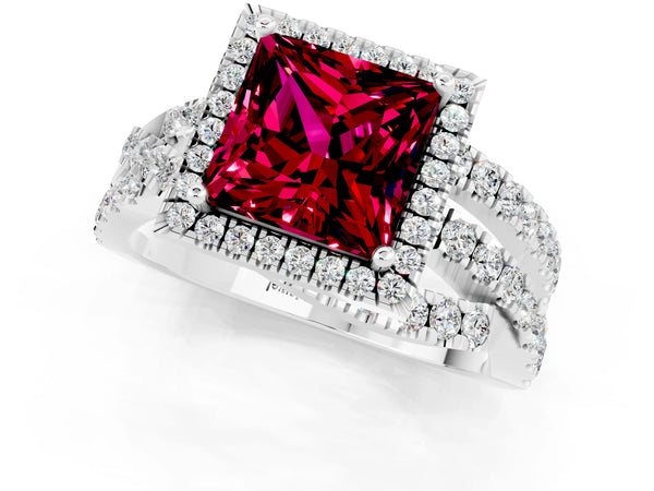 White gold Princess Cut Garnet Halo Ring with Round Split Shank and Prong Setting