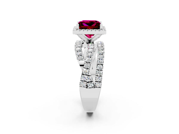 Platinum Princess Cut Garnet Halo Ring with Round Split Shank and Prong Setting