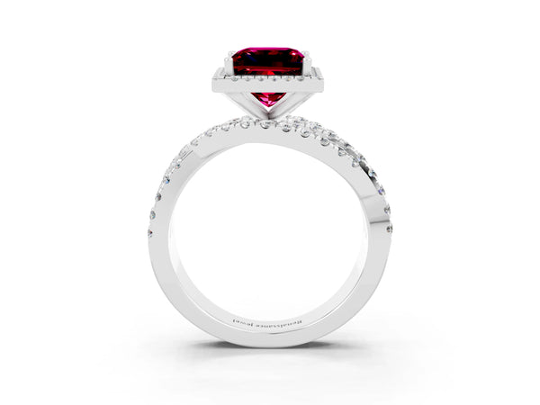 White gold Princess Cut Garnet Halo Ring with Round Split Shank and Prong Setting