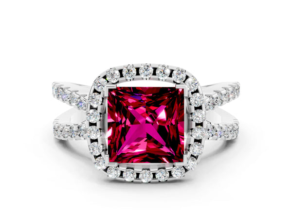 Platinum Princess Cut Garnet Halo Ring with Split Shank Pavé Band and Prong Setting