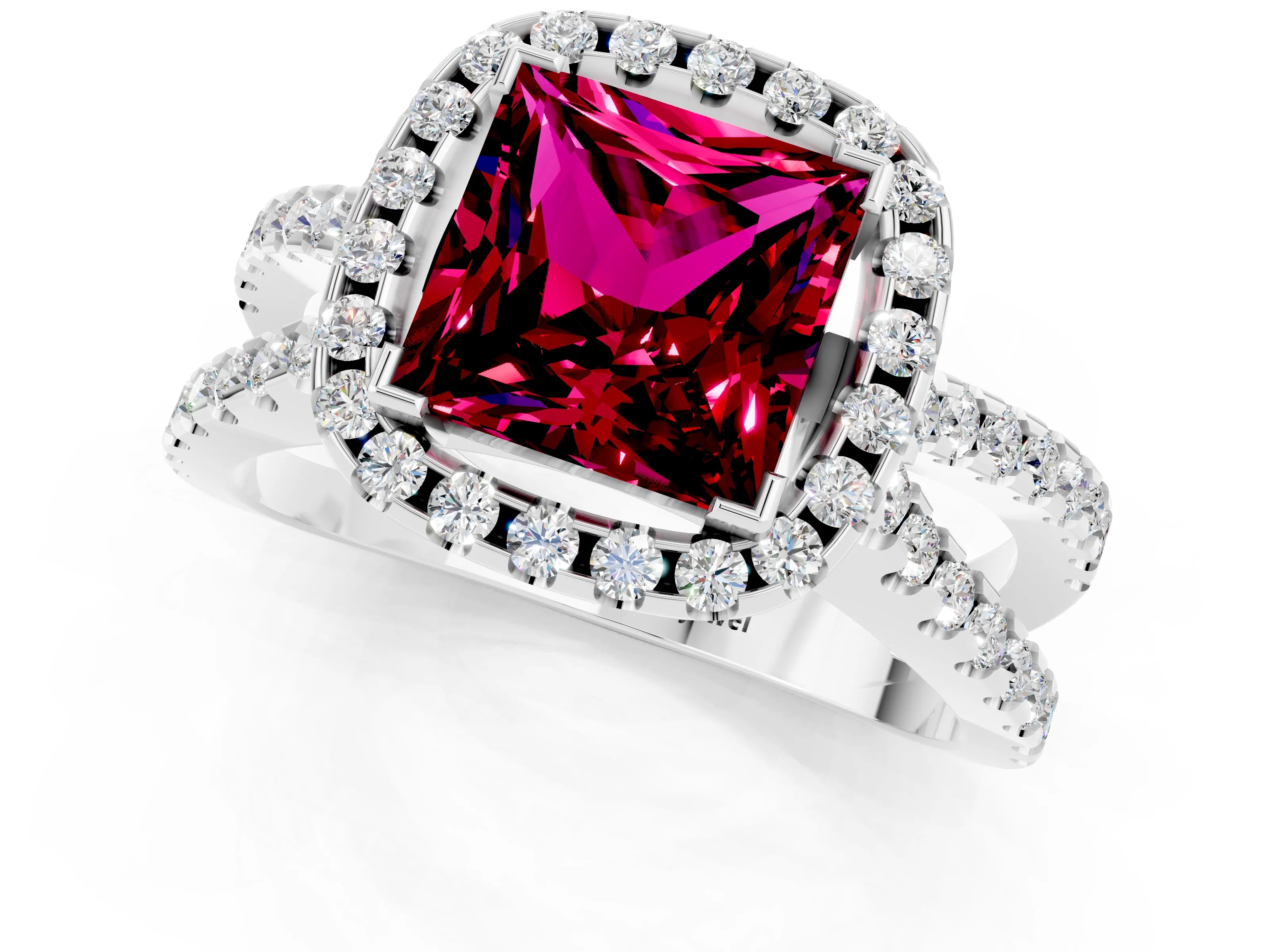 White gold Princess Cut Garnet Halo Ring with Split Shank Pavé Band and Prong Setting_1